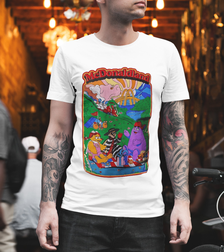 McDonaldland Hamburglar Grimace Birdie Picnic Train Scene T-Shirt