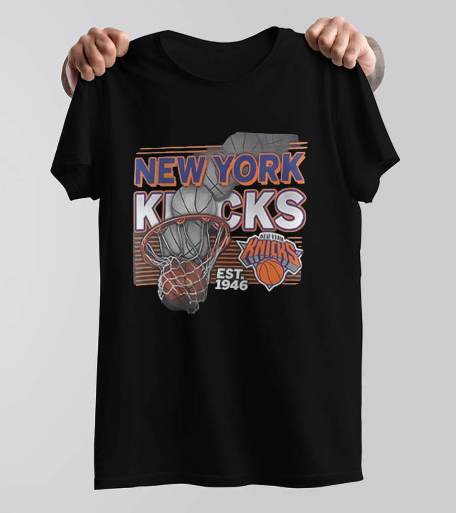 New York Knicks Basketball Hoop Net Est 1946 Team Logo 2 Sided T-Shirt