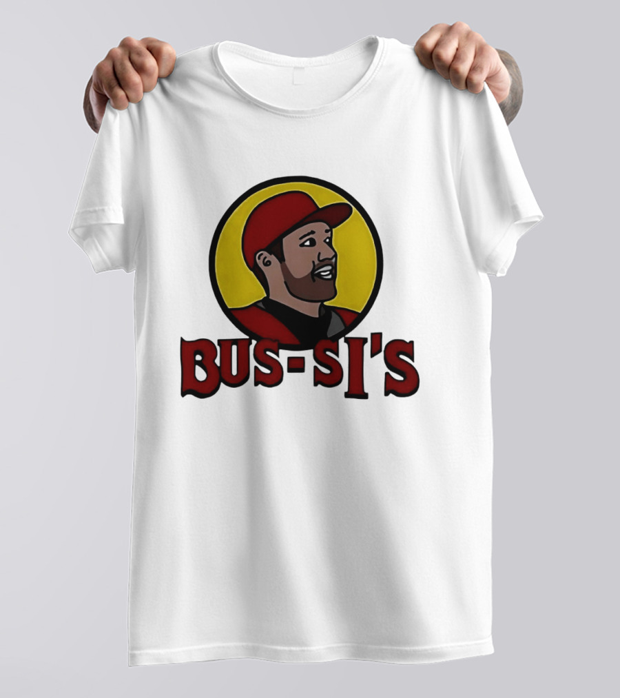 Bus Si's Baseball Player Cartoon Logo Design White T-Shirt