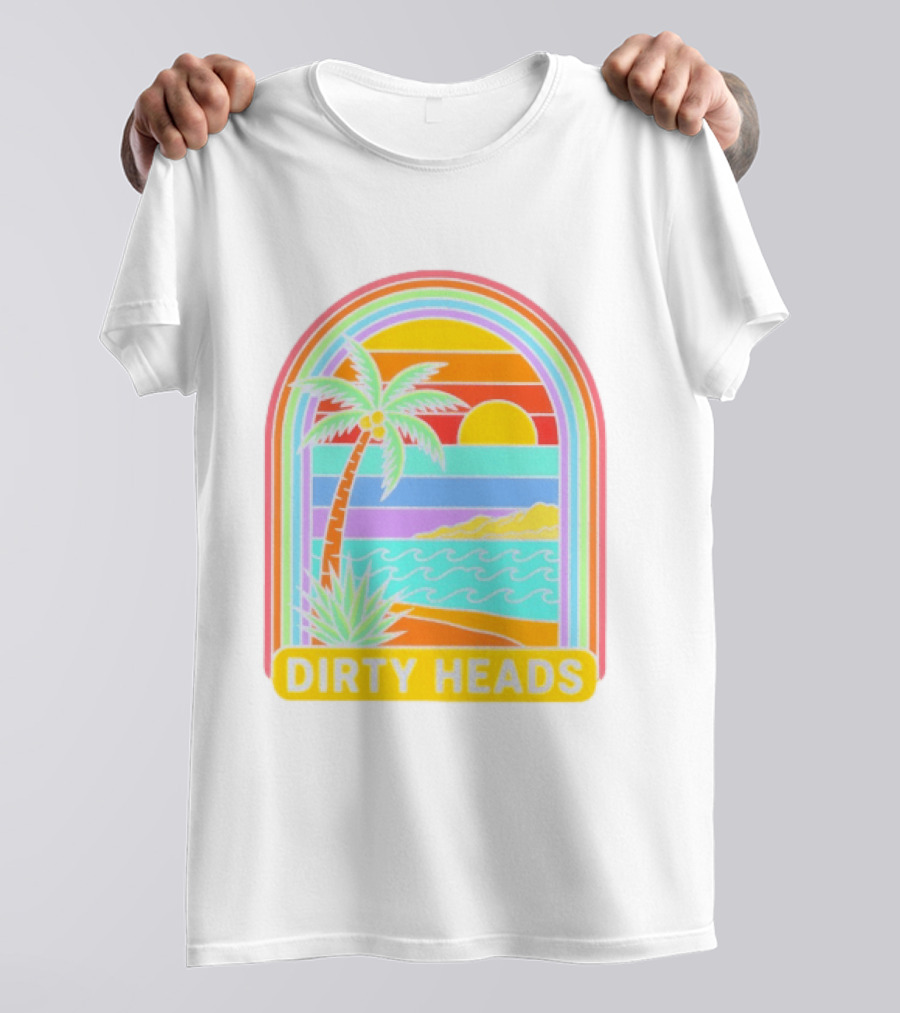 Dirty Heads Tropical Beach Palm Tree Rainbow Arch Sunset T-Shirt
