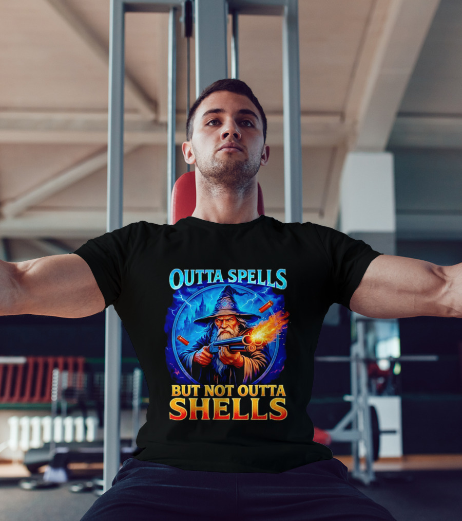 Outta Spells But Not Outta Shells Wizard With Gun Fantasy Humor T-Shirt
