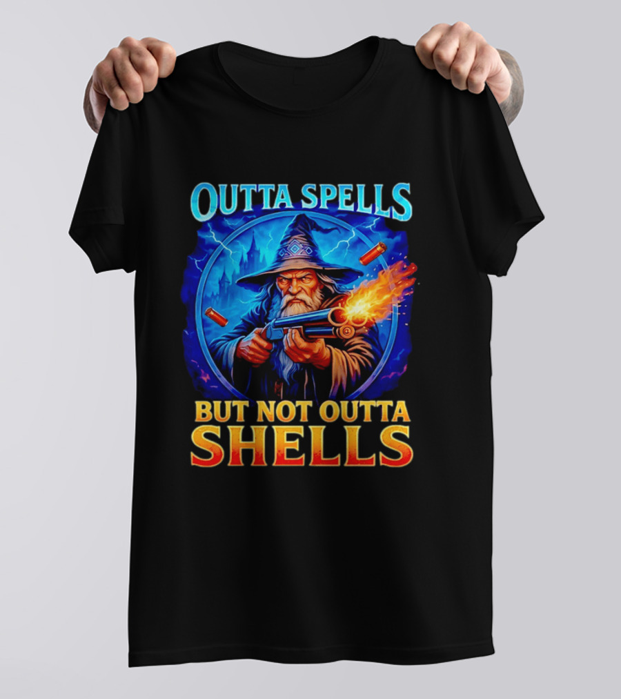 Outta Spells But Not Outta Shells Wizard With Gun Fantasy Humor T-Shirt