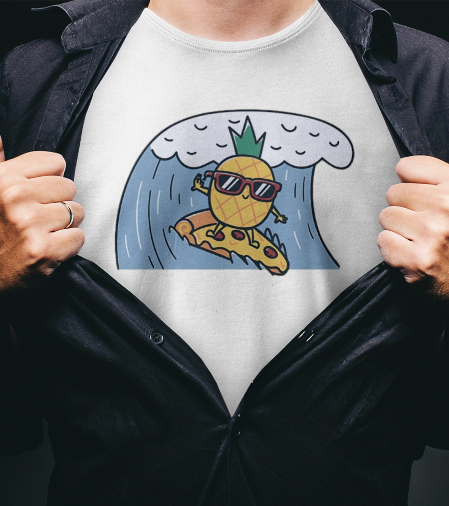 Pineapple Surfing On Pizza Slice Ocean Wave With Sunglasses Cartoon T-Shirt