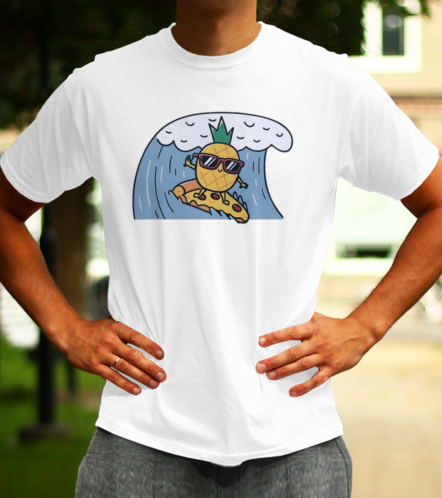 Pineapple Surfing On Pizza Slice Ocean Wave With Sunglasses Cartoon T-Shirt