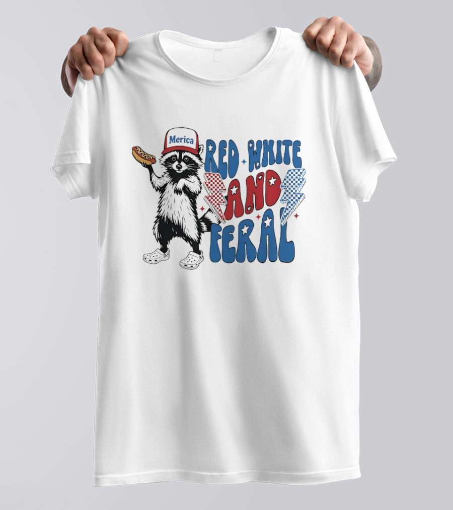 Red White And Feral Raccoon Hotdog Merica Cap Lightning Bolts Patriotic T-Shirt