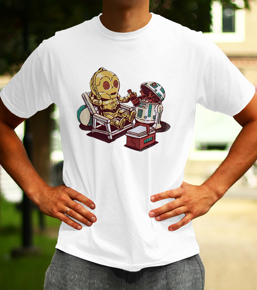 Stay Buddy Two Robots Relaxing Beach Chair Sci Fi Humor T-Shirt