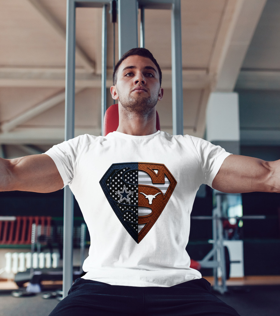 Dallas Cowboys Texas Longhorns Superman Shield Split Dual Icon Emblems T-Shirt