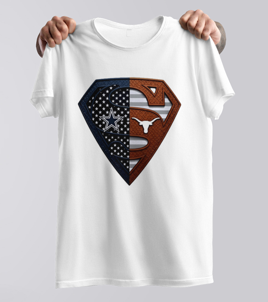 Dallas Cowboys Texas Longhorns Superman Shield Split Dual Icon Emblems T-Shirt