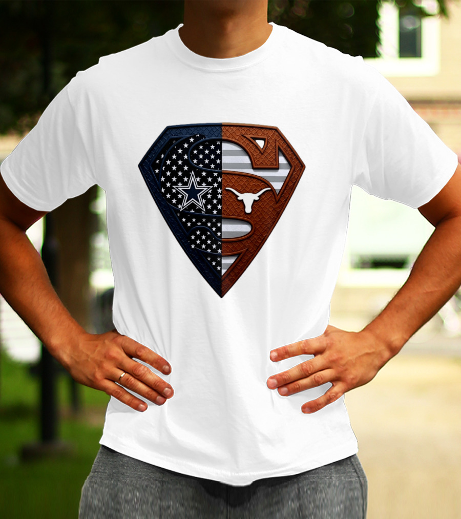 Dallas Cowboys Texas Longhorns Superman Shield Split Dual Icon Emblems T-Shirt