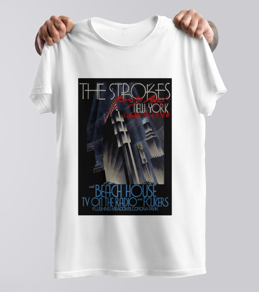 The Strokes New York Concert October 2026 Flushing Meadows Corona Park With Beach House TV On The Radio Fcukers Deco Cityscape T-Shirt