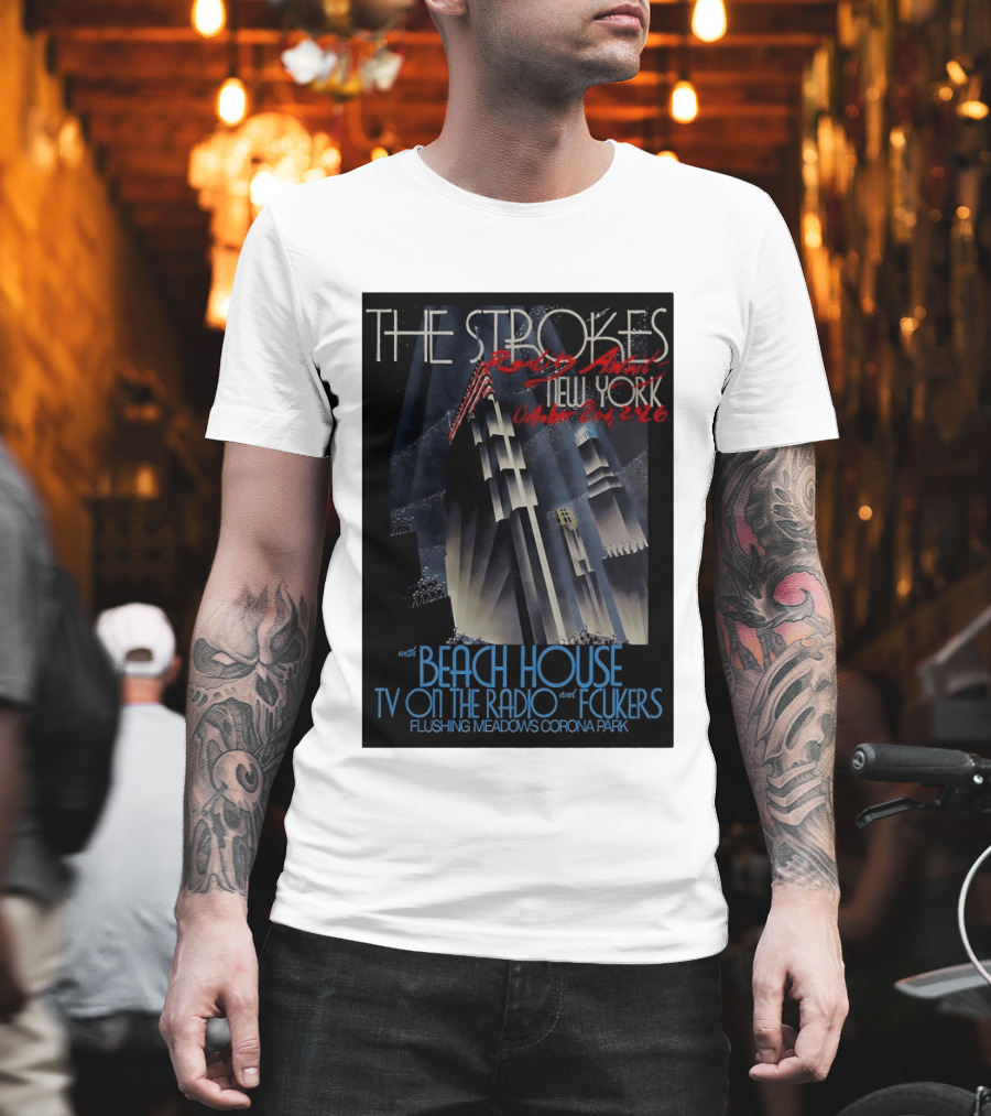 The Strokes New York Concert October 2026 Flushing Meadows Corona Park With Beach House TV On The Radio Fcukers Deco Cityscape T-Shirt