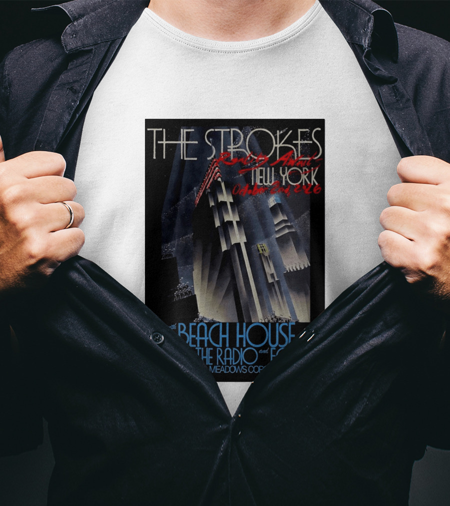 The Strokes New York Concert October 2026 Flushing Meadows Corona Park With Beach House TV On The Radio Fcukers Deco Cityscape T-Shirt