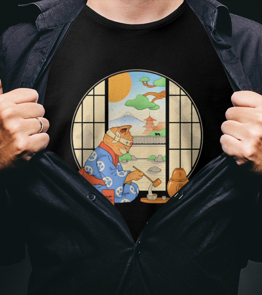 Ukiyo E Style Cat Tea Ceremony With Japanese Landscape T-Shirt