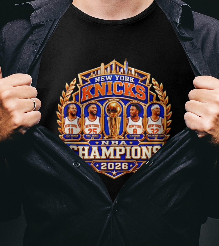 New York Knicks NBA Champions 2026 Jalen Brunson Mikal Bridges OG Anunoby Karl Anthony Towns T-Shirt