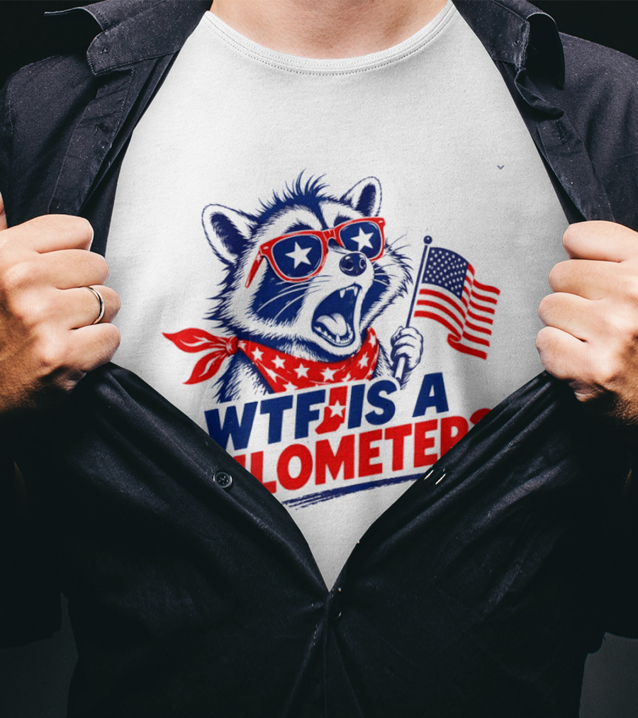 WTF Is A Kilometer Star Spangled Raccoon Holding American Flag 4th Of July T-Shirt