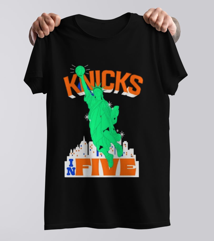 Knicks Statue Of Liberty Dunk In Five Basketball Cartoon Skyline T-Shirt