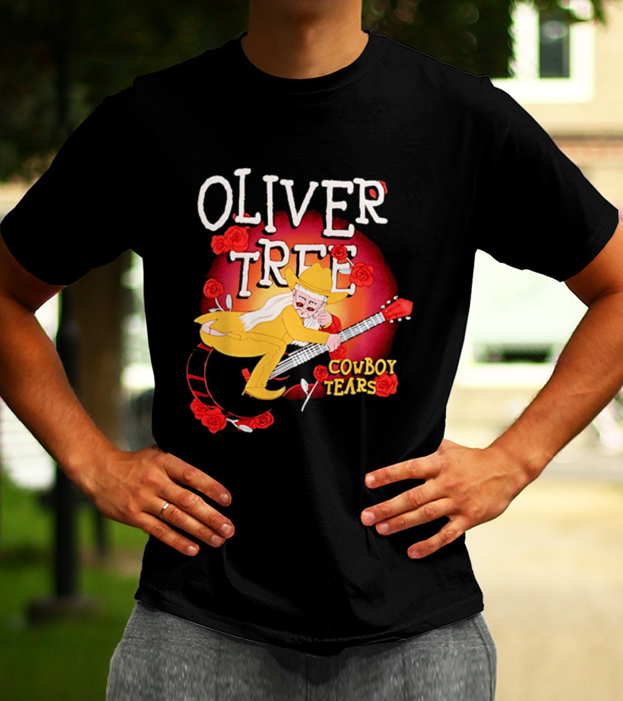 Oliver Tree Cowboy Tears Cartoon Character With Roses And Guitar T-Shirt