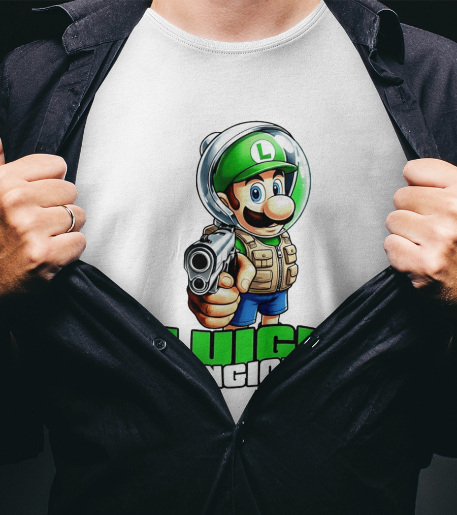 Luigi Mangione Super Mario Green Hat Gun Image T-Shirt