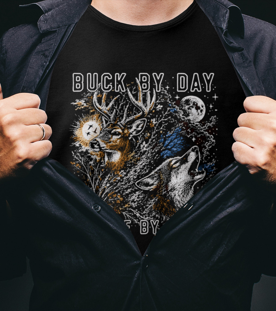 Buck By Day Coyote By Night Deer And Wolf Moon Scene T-Shirt