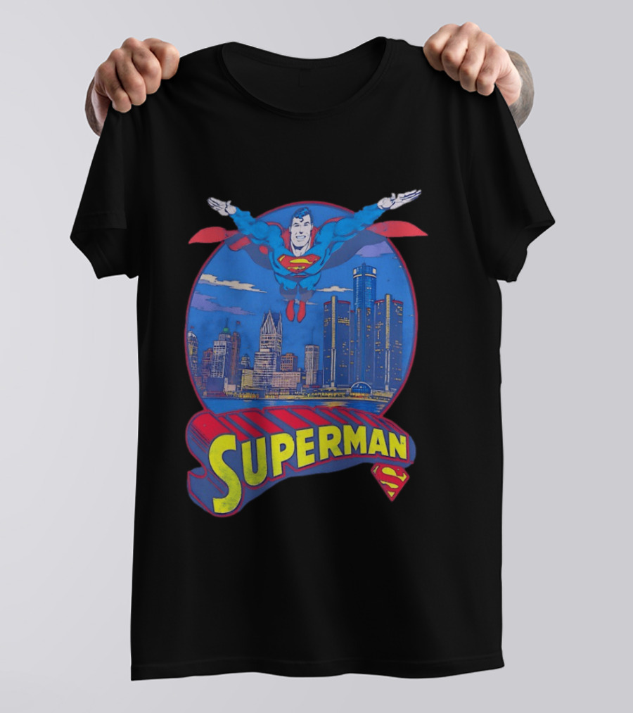 Detroit Superman Jay Towers Motor City Skyline Superman Logo Retro Comic T-Shirt
