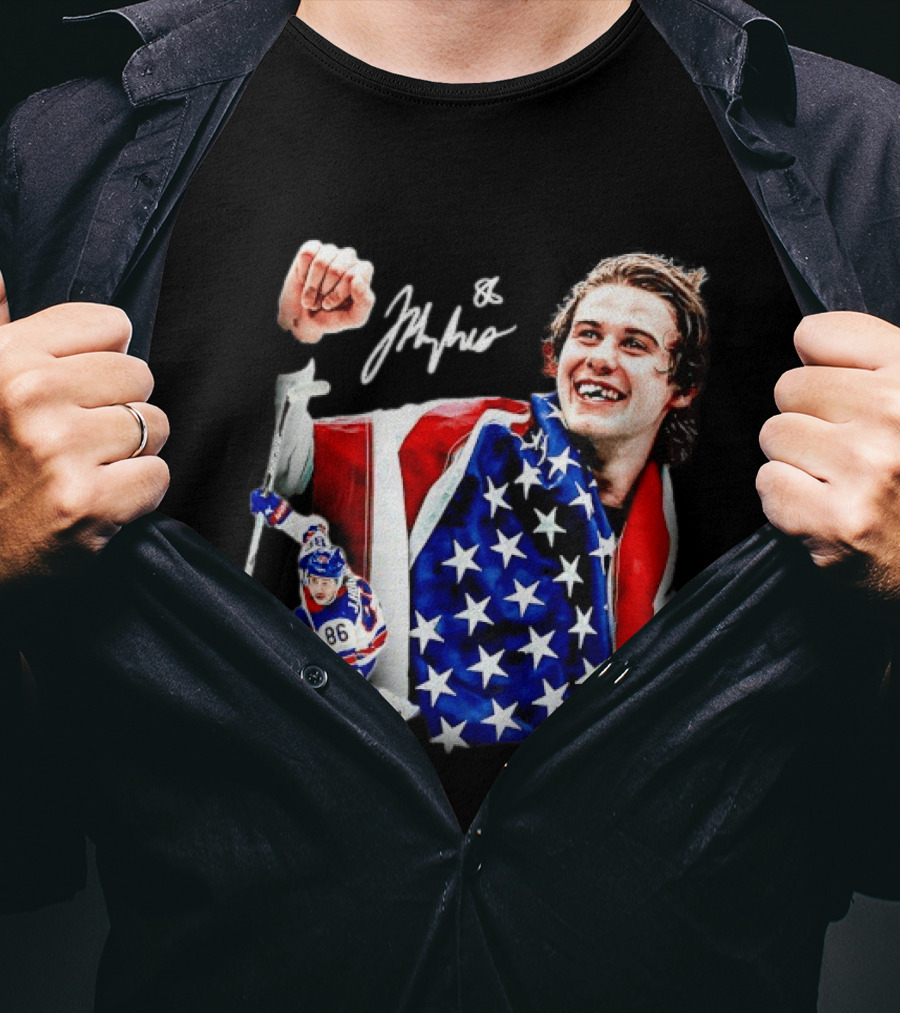 Jack Hughes New Jersey Devils USA Flag 86 Hockey Celebration T-Shirt