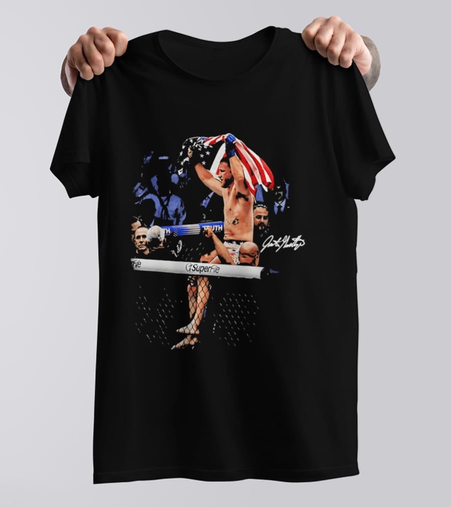 Justin Gaethje Celebrating With American Flag Victory Pose Signature Edition T-Shirt