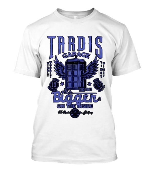 Tardis Garage It's Bigger On The Inside Lucky 13 Doctors Wibbly Wobbly Timely Wimey Sonic Crafted Estd 1963 T-Shirt