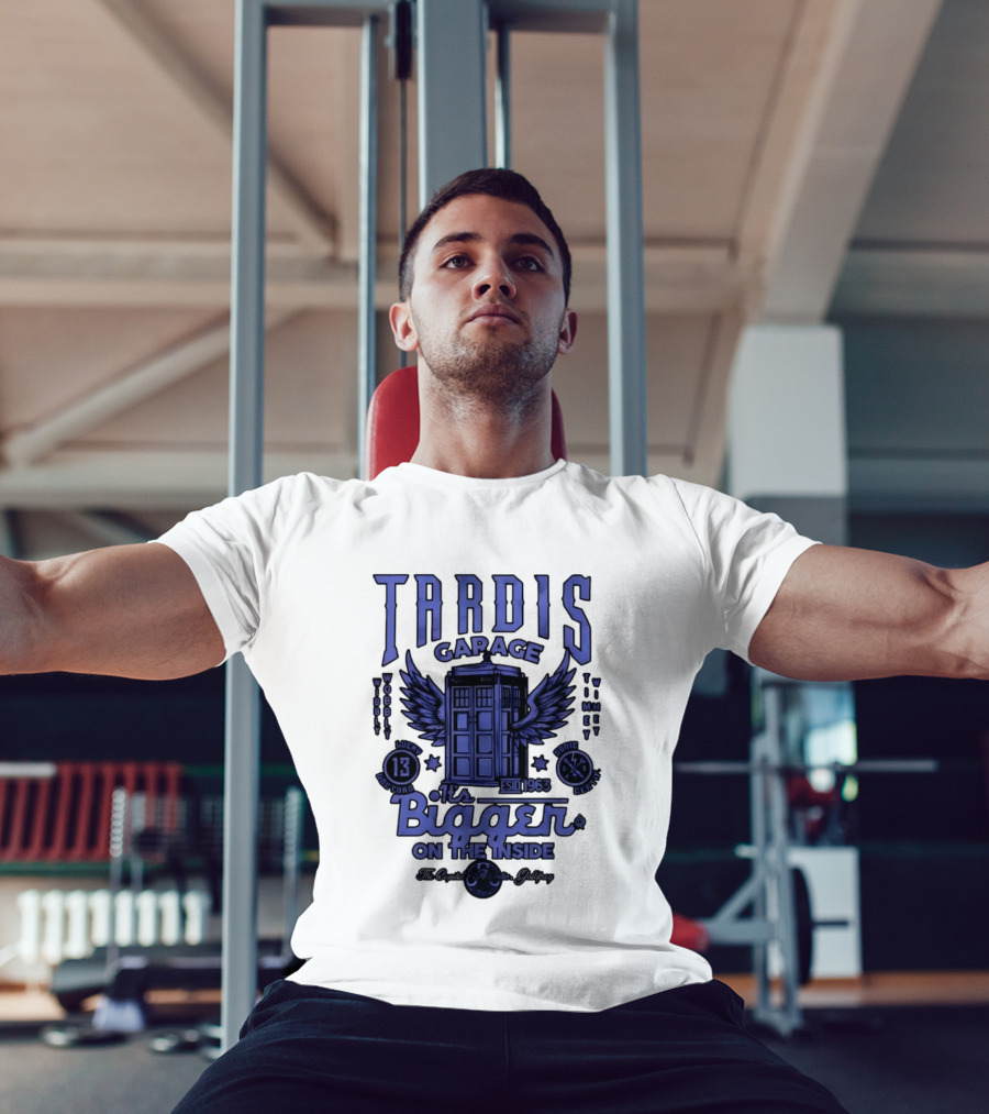 Tardis Garage It's Bigger On The Inside Lucky 13 Doctors Wibbly Wobbly Timely Wimey Sonic Crafted Estd 1963 T-Shirt