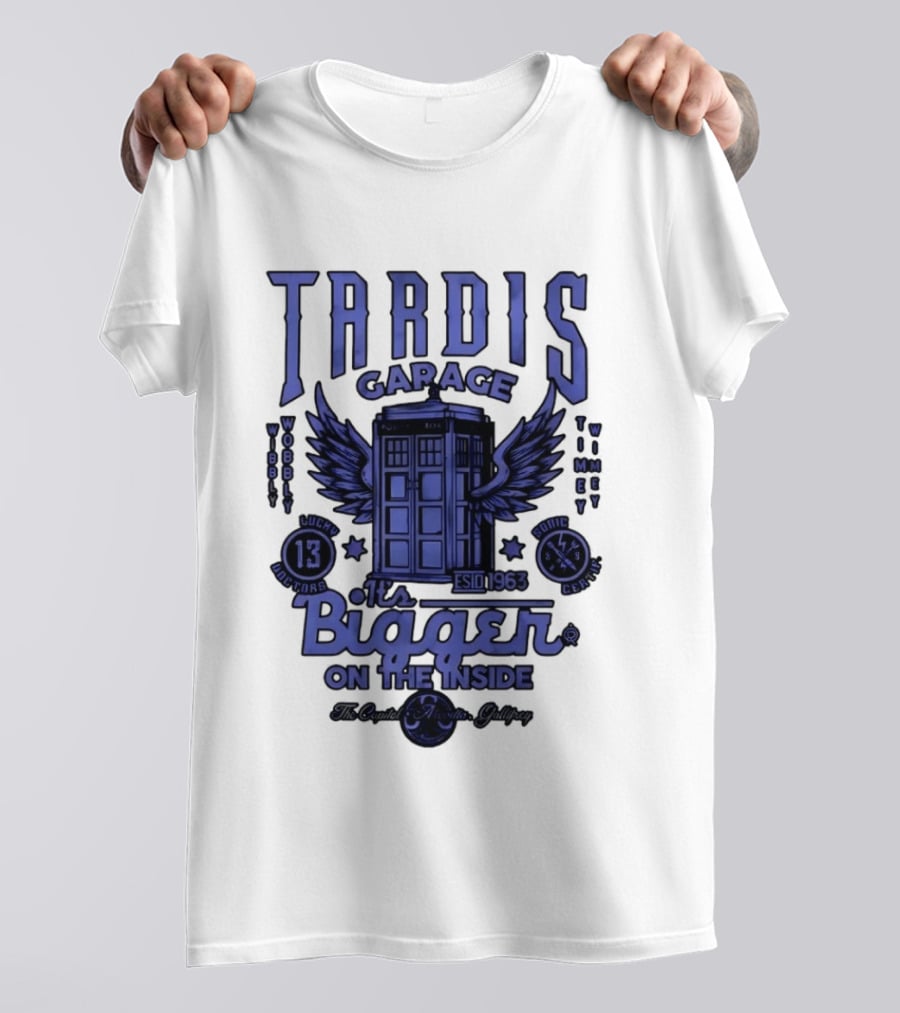 Tardis Garage It's Bigger On The Inside Lucky 13 Doctors Wibbly Wobbly Timely Wimey Sonic Crafted Estd 1963 T-Shirt