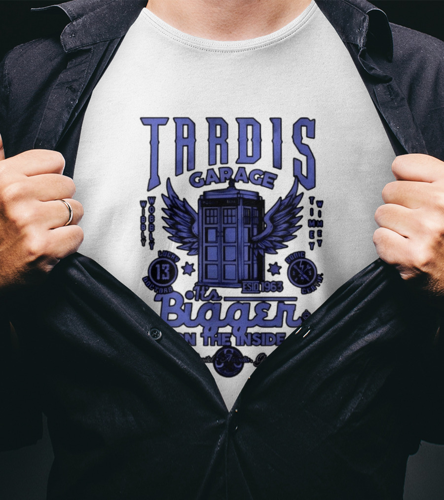 Tardis Garage It's Bigger On The Inside Lucky 13 Doctors Wibbly Wobbly Timely Wimey Sonic Crafted Estd 1963 T-Shirt
