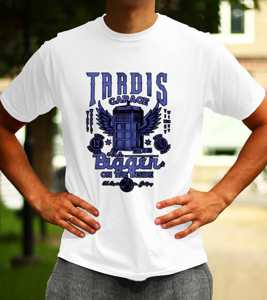 Tardis Garage It's Bigger On The Inside Lucky 13 Doctors Wibbly Wobbly Timely Wimey Sonic Crafted Estd 1963 T-Shirt