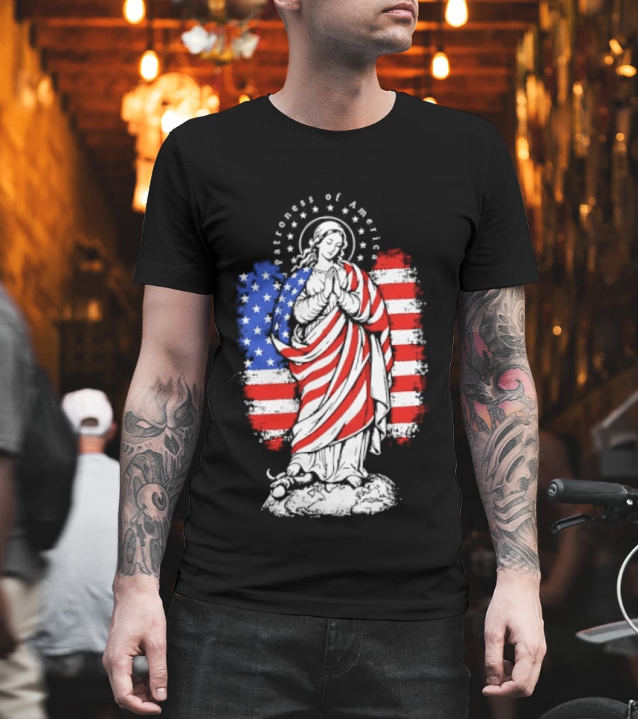 Blessed Virgin Mary Patroness Of The USA With American Flag Colors Catholic T-Shirt