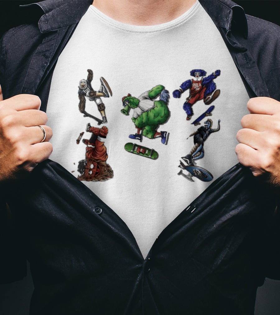 Philadelphia Sports Mascots Skateboarding Extravaganza Happy National Day T-Shirt