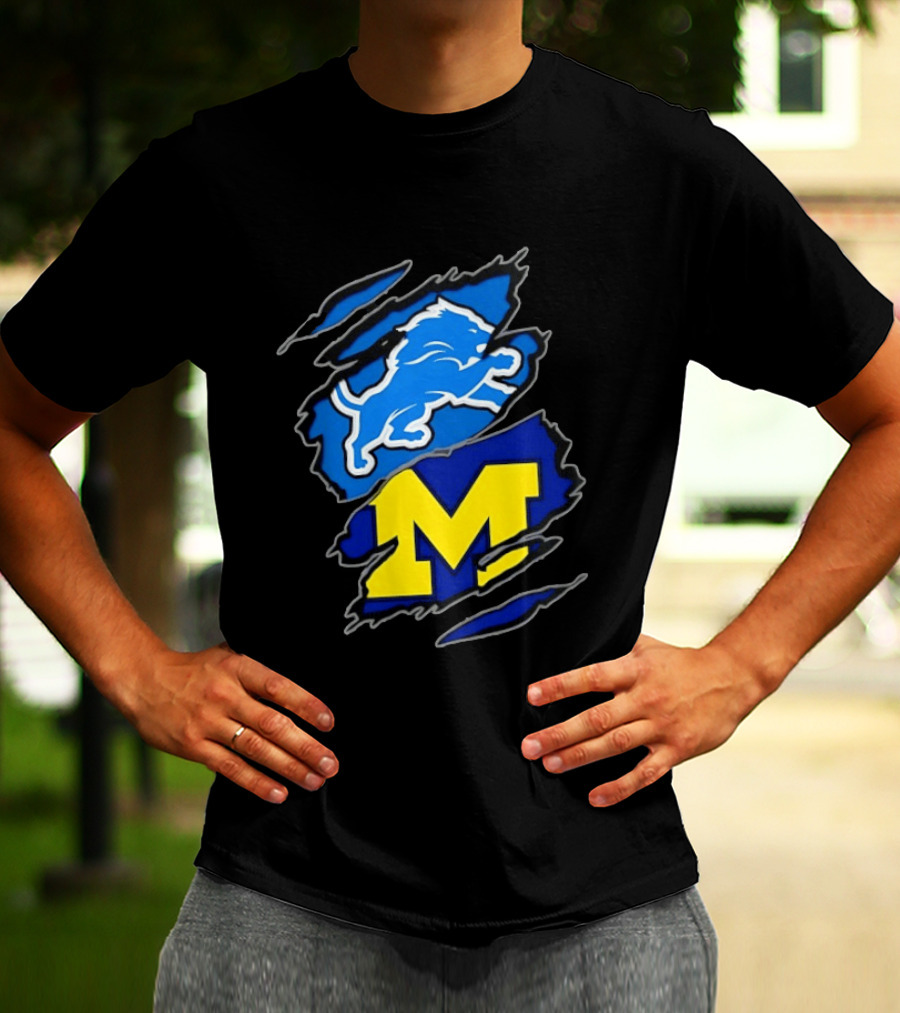 Detroit Lions Michigan Wolverines Two Teams One Heart Scratch T-Shirt