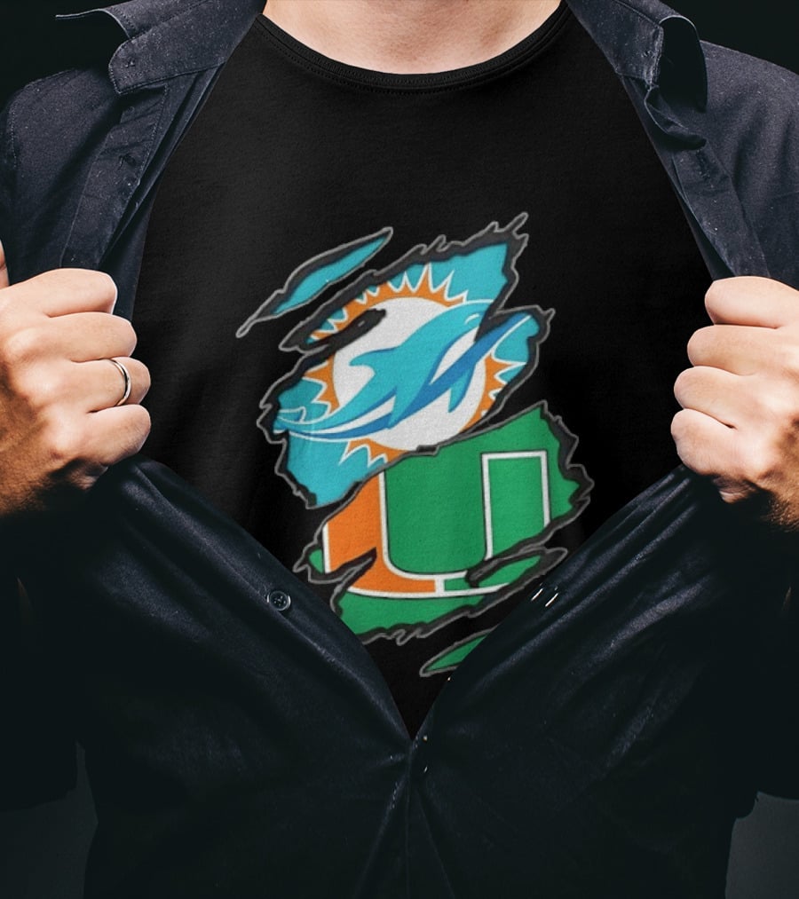 Miami Dolphins And Miami Hurricanes Two Teams One Heart Scratch T-Shirt