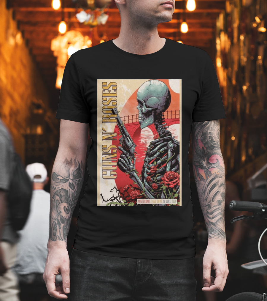Guns N' Roses Amsterdam 18 June 2026 Ziggo Dome Skeleton With Gun And Roses T-Shirt