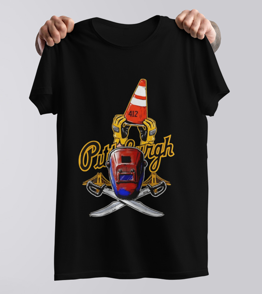 Pittsburgh 412 Welding Mask Construction Cone Crossed Swords Yellow Bridge T-Shirt
