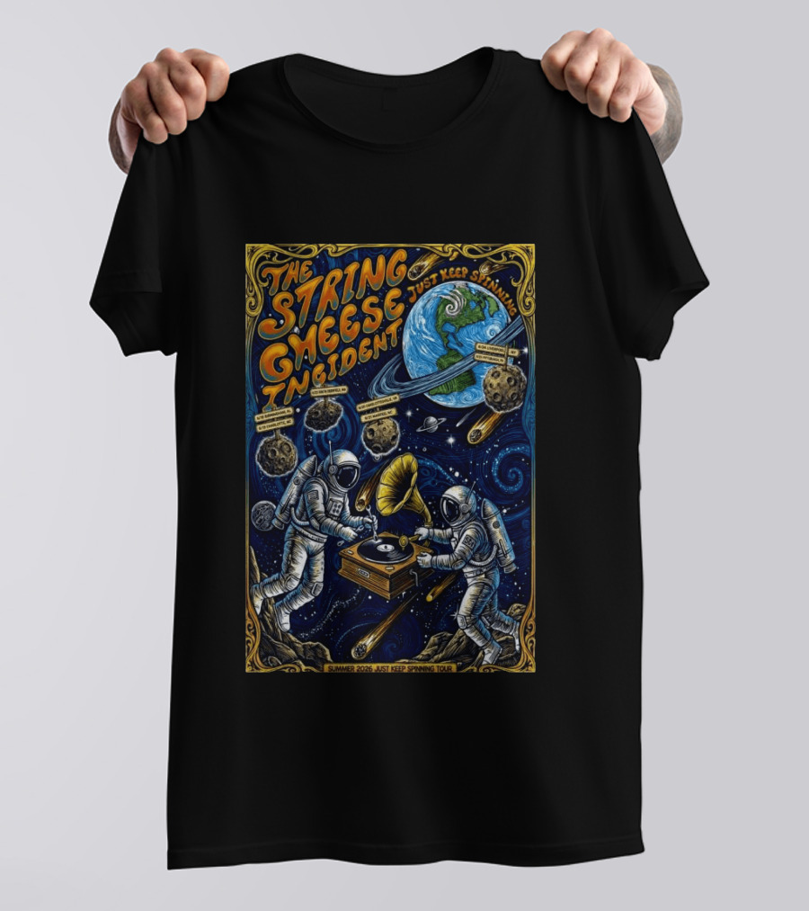 The String Cheese Incident Summer 2026 Just Keep Spinning Tour Astronauts Vinyl Planet T-Shirt
