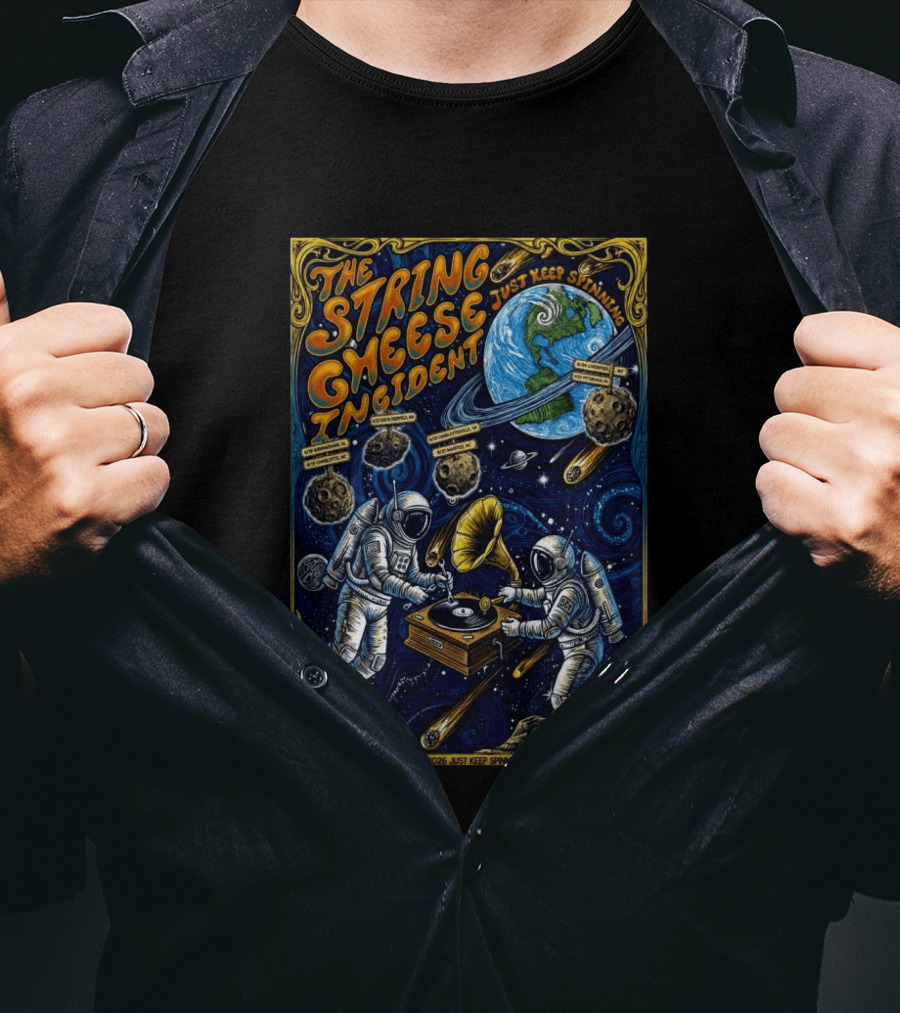 The String Cheese Incident Summer 2026 Just Keep Spinning Tour Astronauts Vinyl Planet T-Shirt