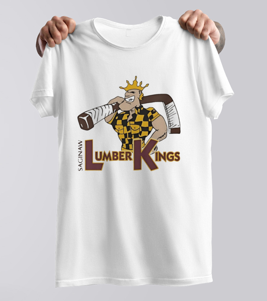 Saginaw Lumber Kings Hockey Team Logo Player With Crown And Hockey Stick T-Shirt