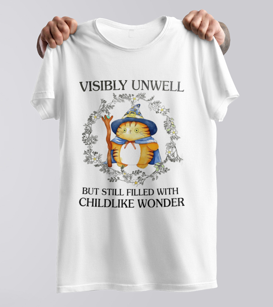 Visibly Unwell Cat With Childlike Wonder Wizard Hat And Cloak T-Shirt