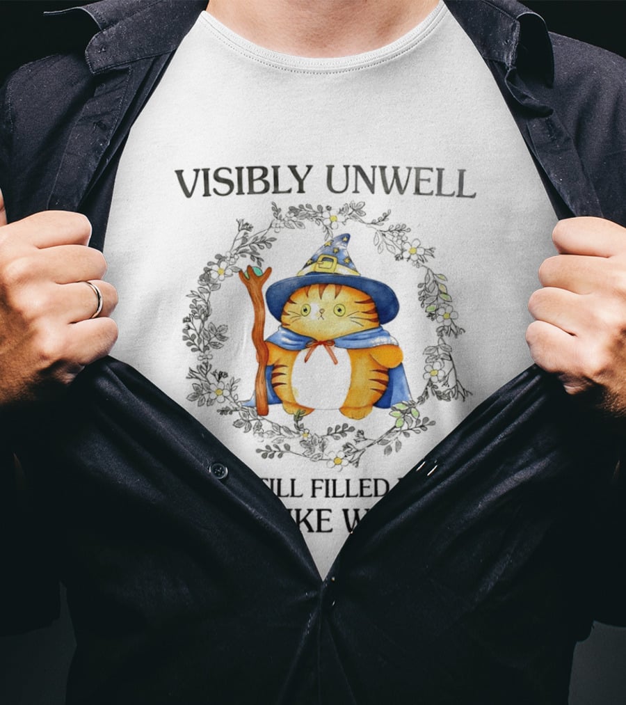 Visibly Unwell Cat With Childlike Wonder Wizard Hat And Cloak T-Shirt