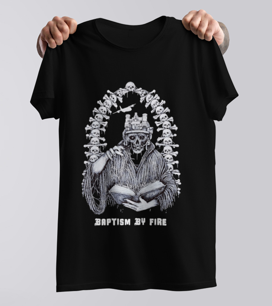 Baptism By Fire Skeleton Soldier Night Vision Goggles Book And Skulls T-Shirt