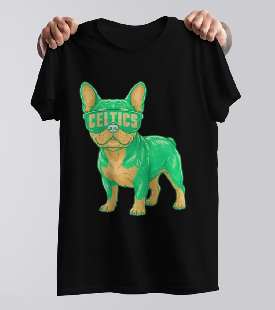 Boston Celtics French Bulldog Wearing Celtics Glasses T-Shirt