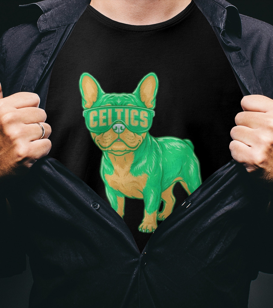 Boston Celtics French Bulldog Wearing Celtics Glasses T-Shirt