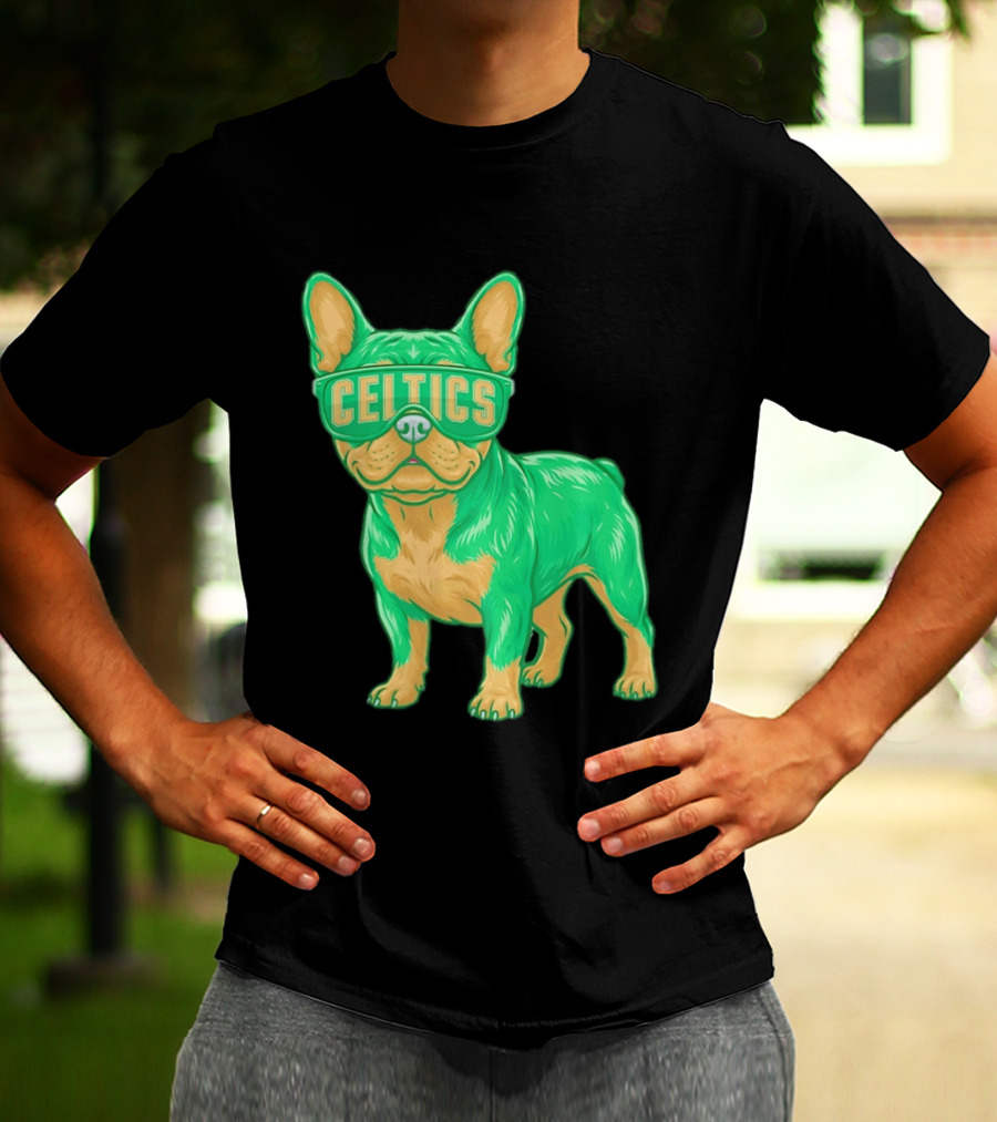 Boston Celtics French Bulldog Wearing Celtics Glasses T-Shirt
