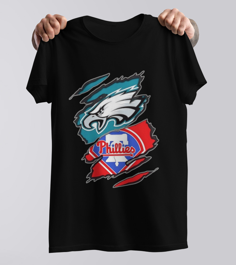 Philadelphia Eagles And Philadelphia Phillies Two Teams One Heart Scratch Logo Fusion T-Shirt