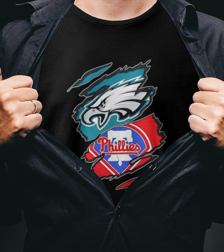 Philadelphia Eagles And Philadelphia Phillies Two Teams One Heart Scratch Logo Fusion T-Shirt