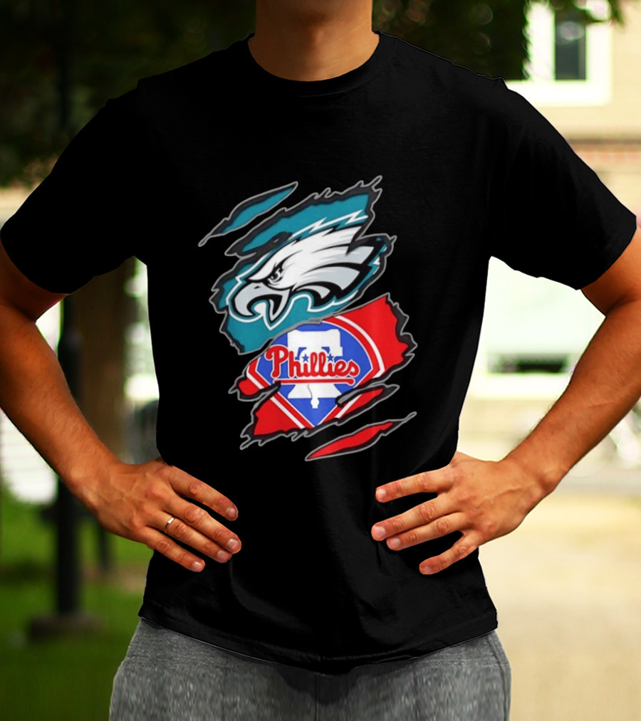 Philadelphia Eagles And Philadelphia Phillies Two Teams One Heart Scratch Logo Fusion T-Shirt
