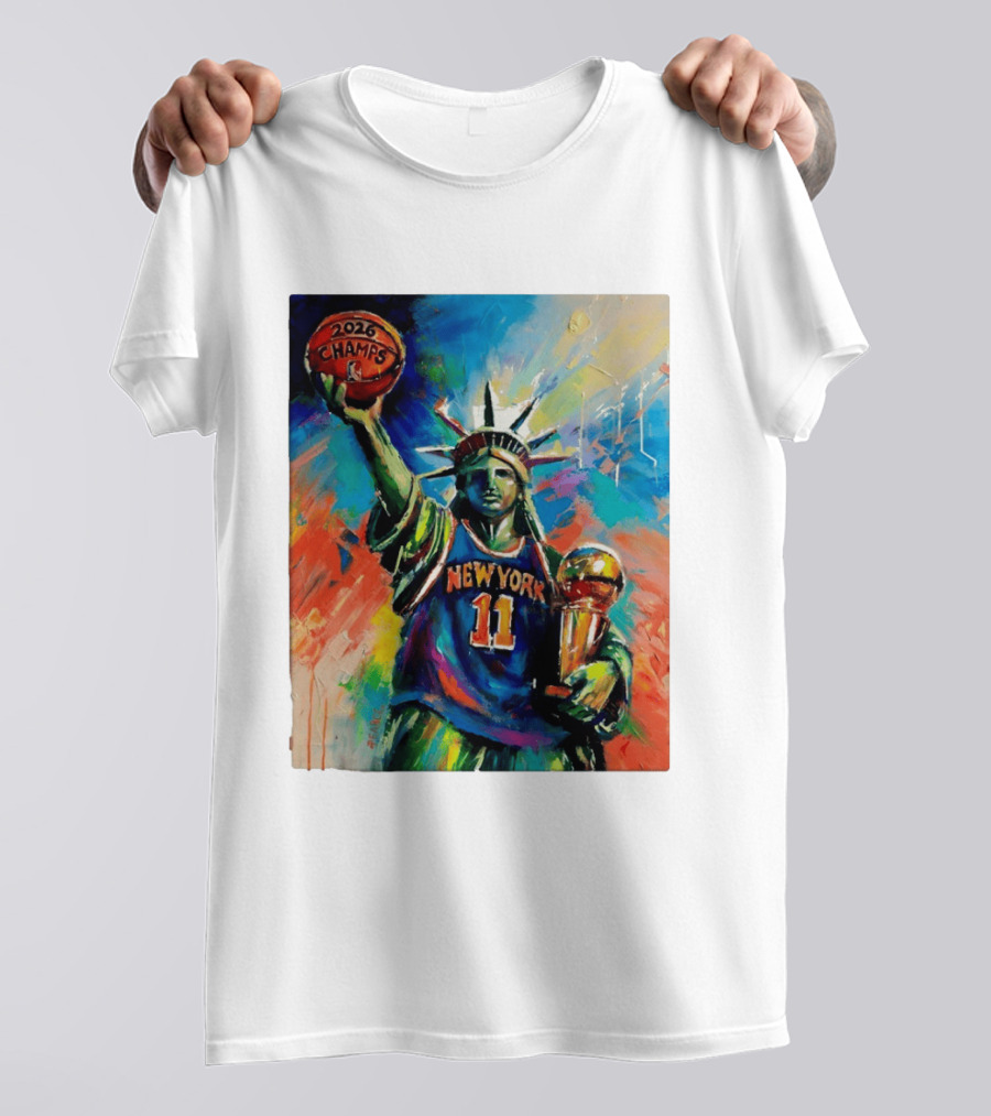 New York Knicks 11 Statue Of Liberty 2026 Champs Trophy Basketball T-Shirt